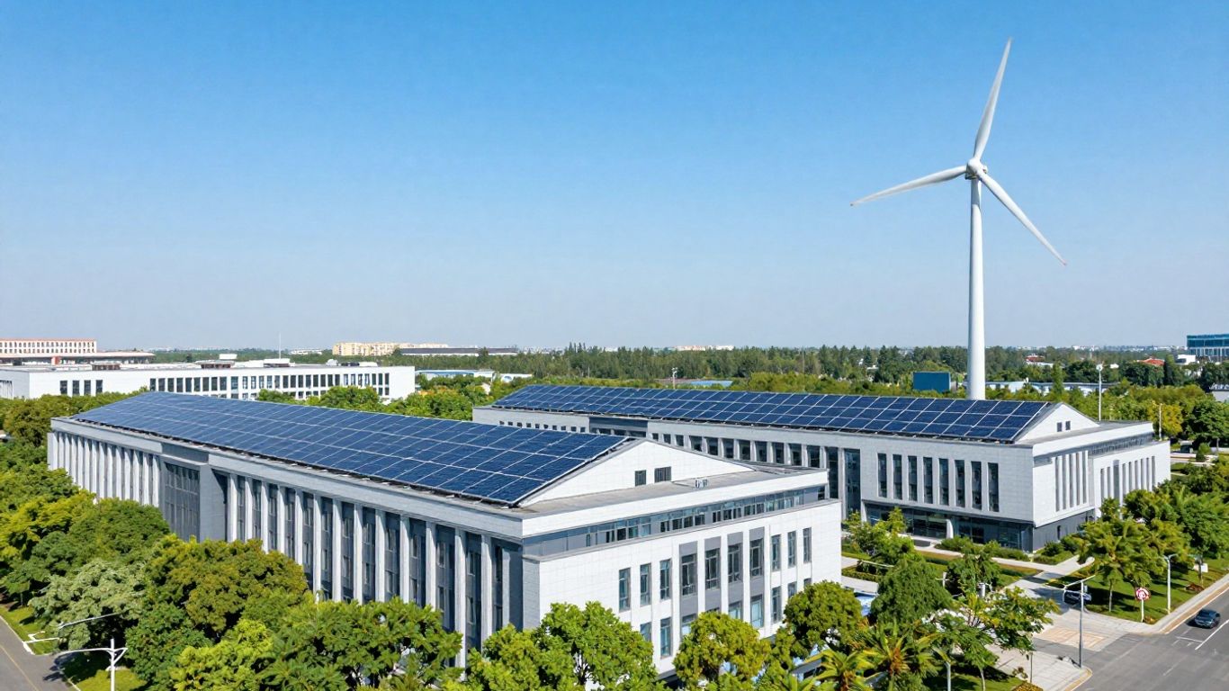 Public buildings with solar panels and wind turbine.