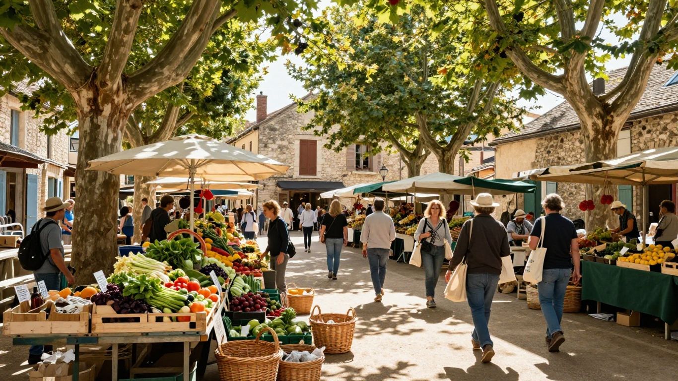 Colorful stalls in a bustling market square