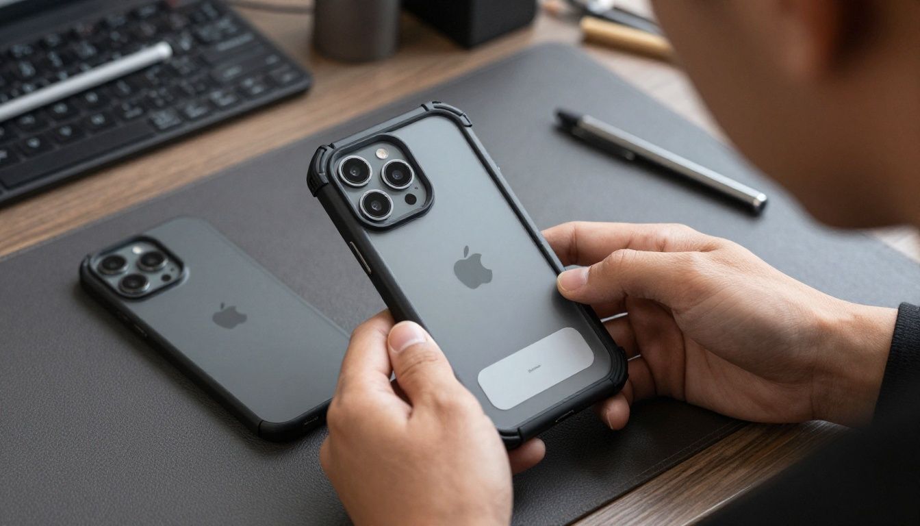 A person in a workshop looking at their iPhone 16e, which is protected by a rugged, heavy-duty case.