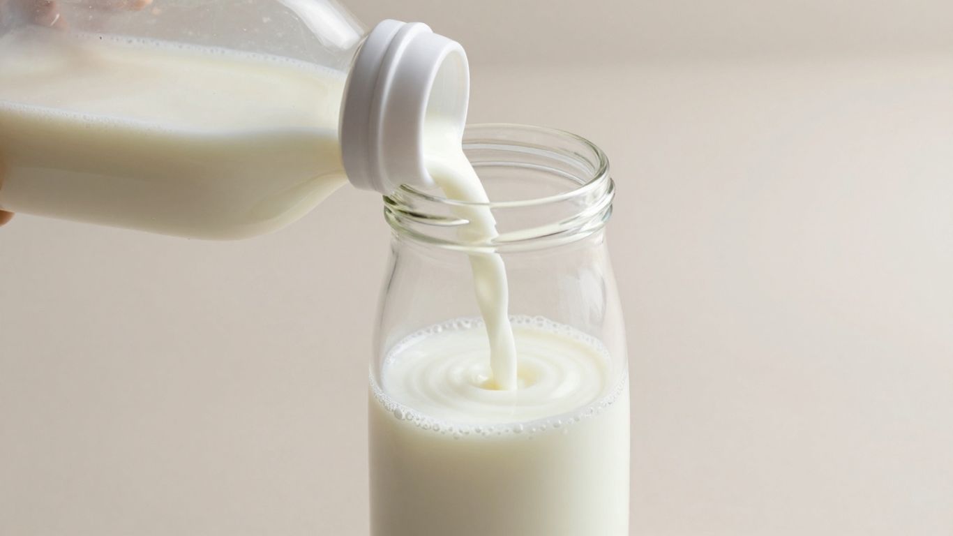 Biberón de cristal con leche y tetina.