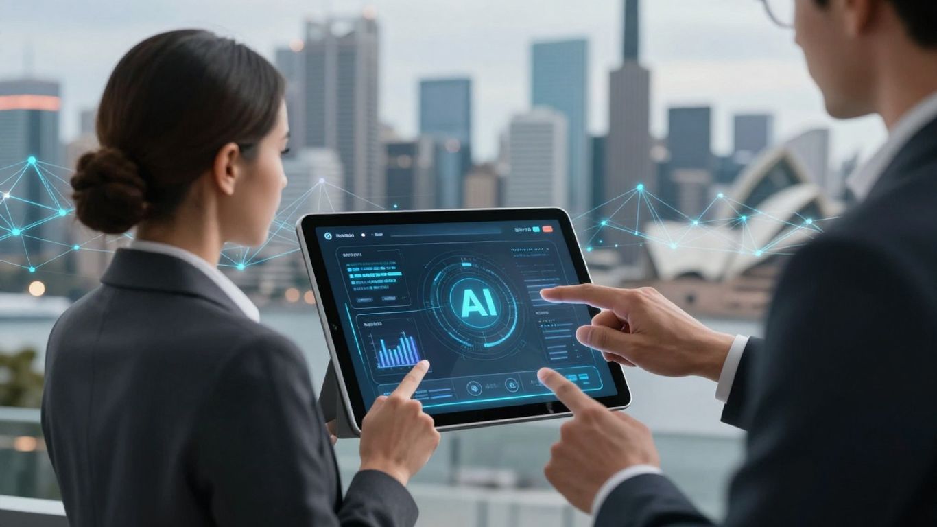 Australian business owner using AI sales tools on a tablet.