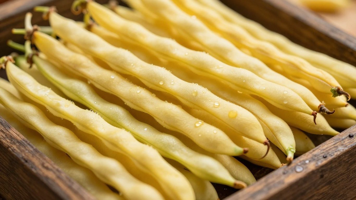 Freshly harvested yellow wax beans in a wooden crate.