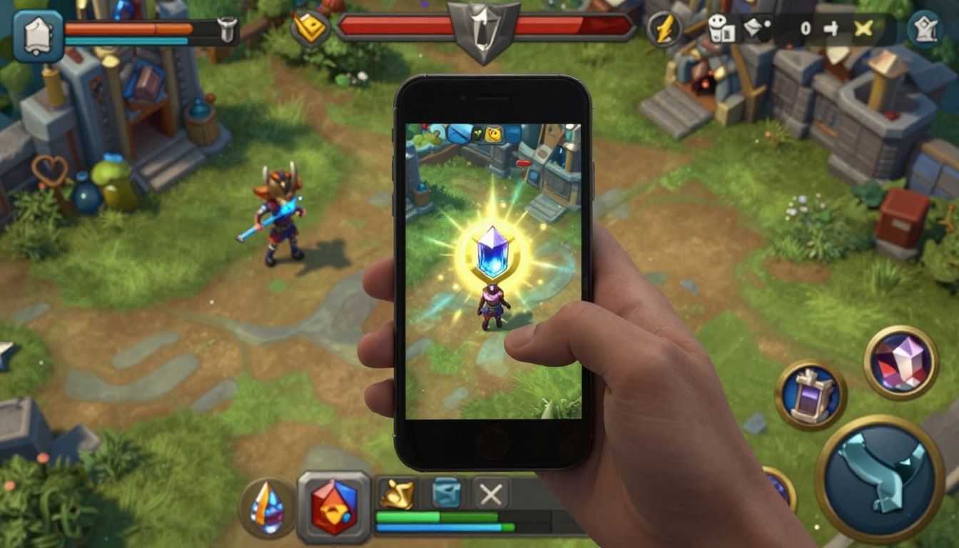 Um jogador focado em seu dispositivo móvel, montando uma estratégia detalhada em uma vila evoluída de Clash of Clans com brilho intenso das gemas