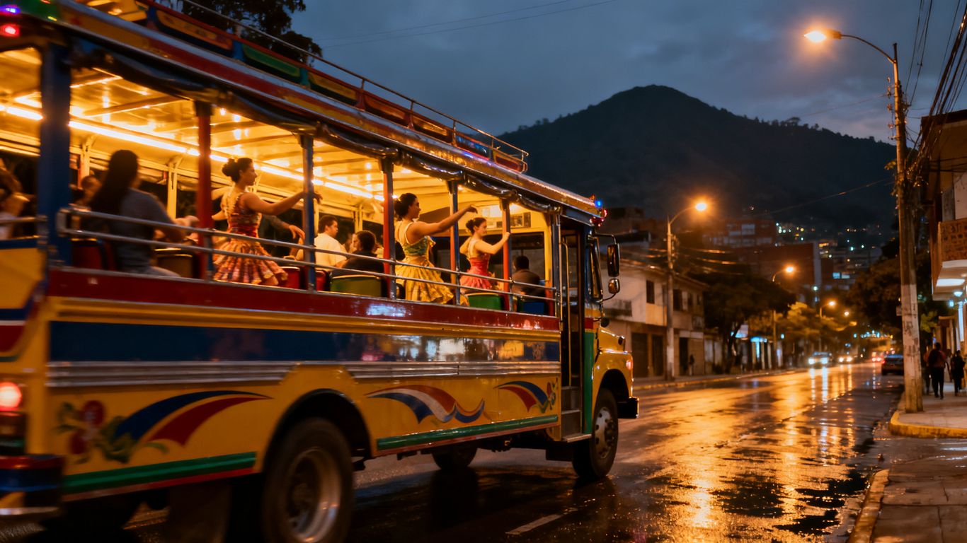Colorful Medellín chiva bus moving through city streets