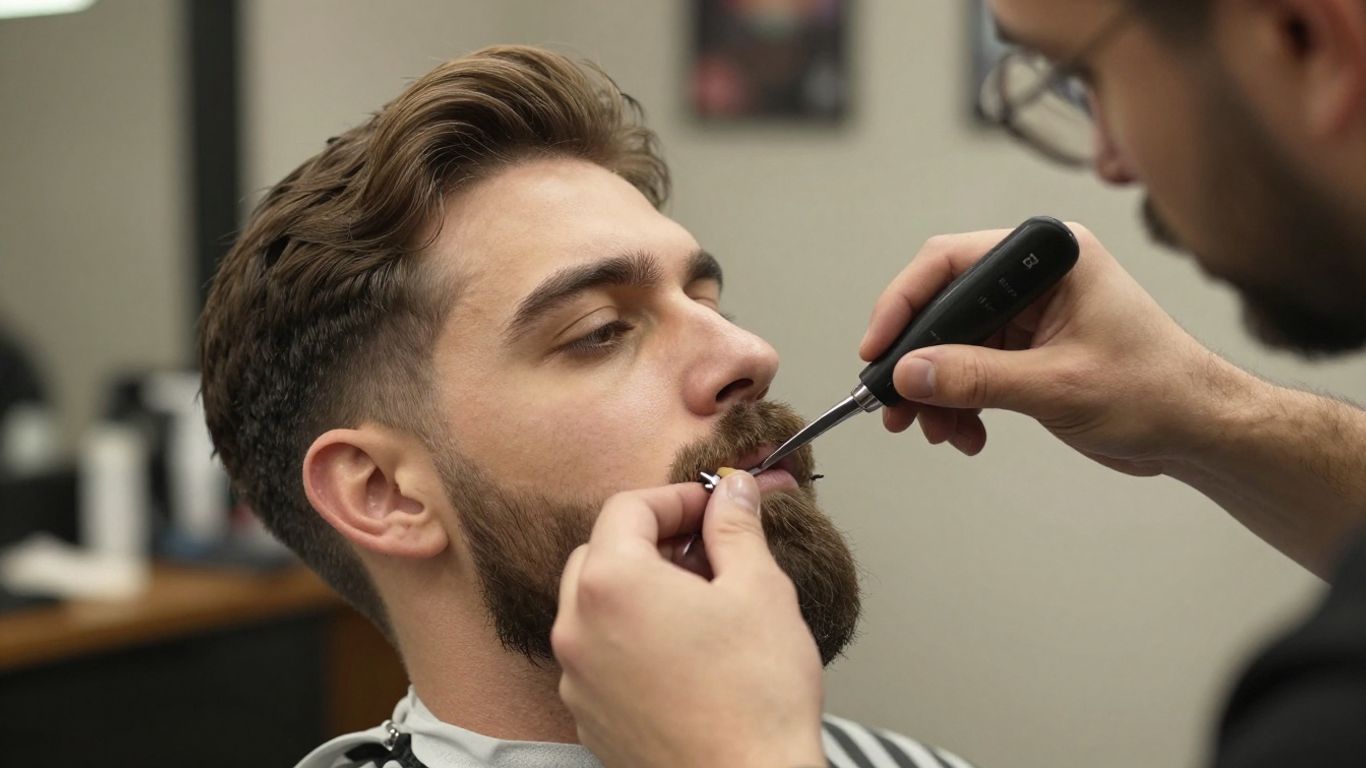 Barber artfully shaping a client's beard with tools.