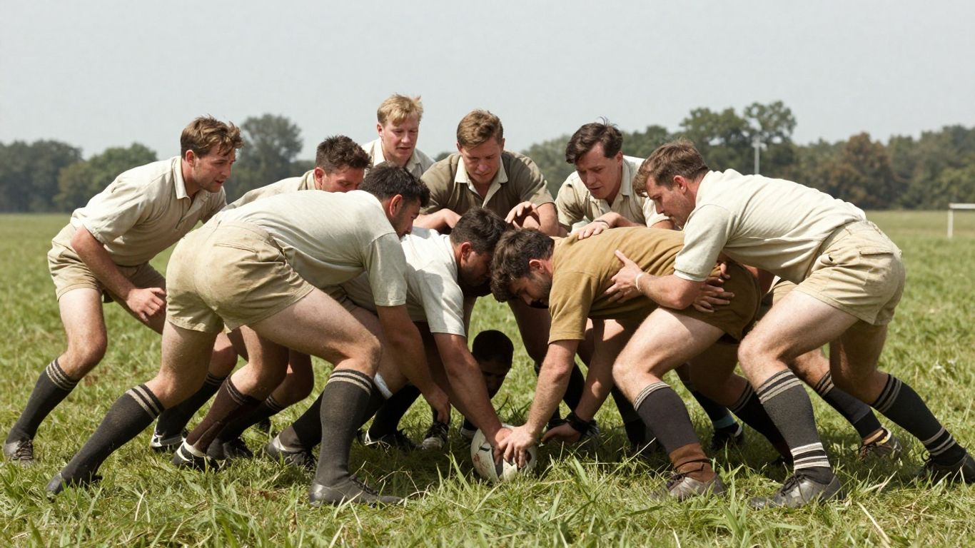 Bărbați în echipament vechi de rugby luptând pentru minge.