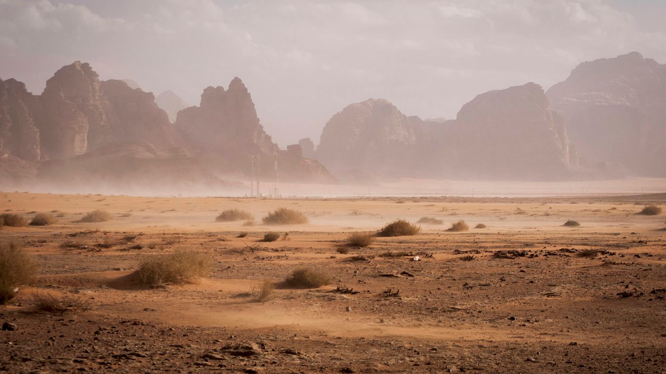 A futuristic launch facility in the desert