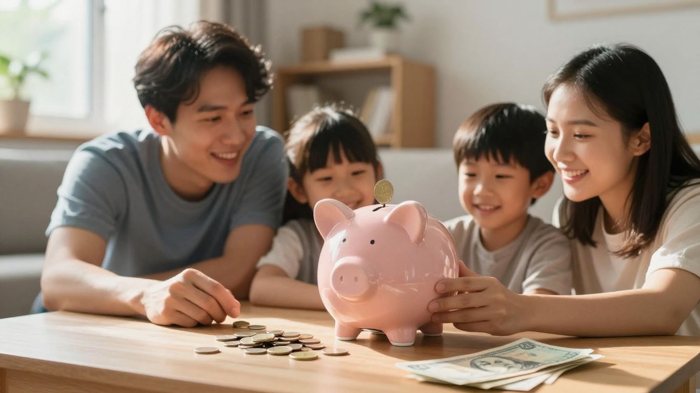 Familia colocando dinero en una alcancía para emergencias.