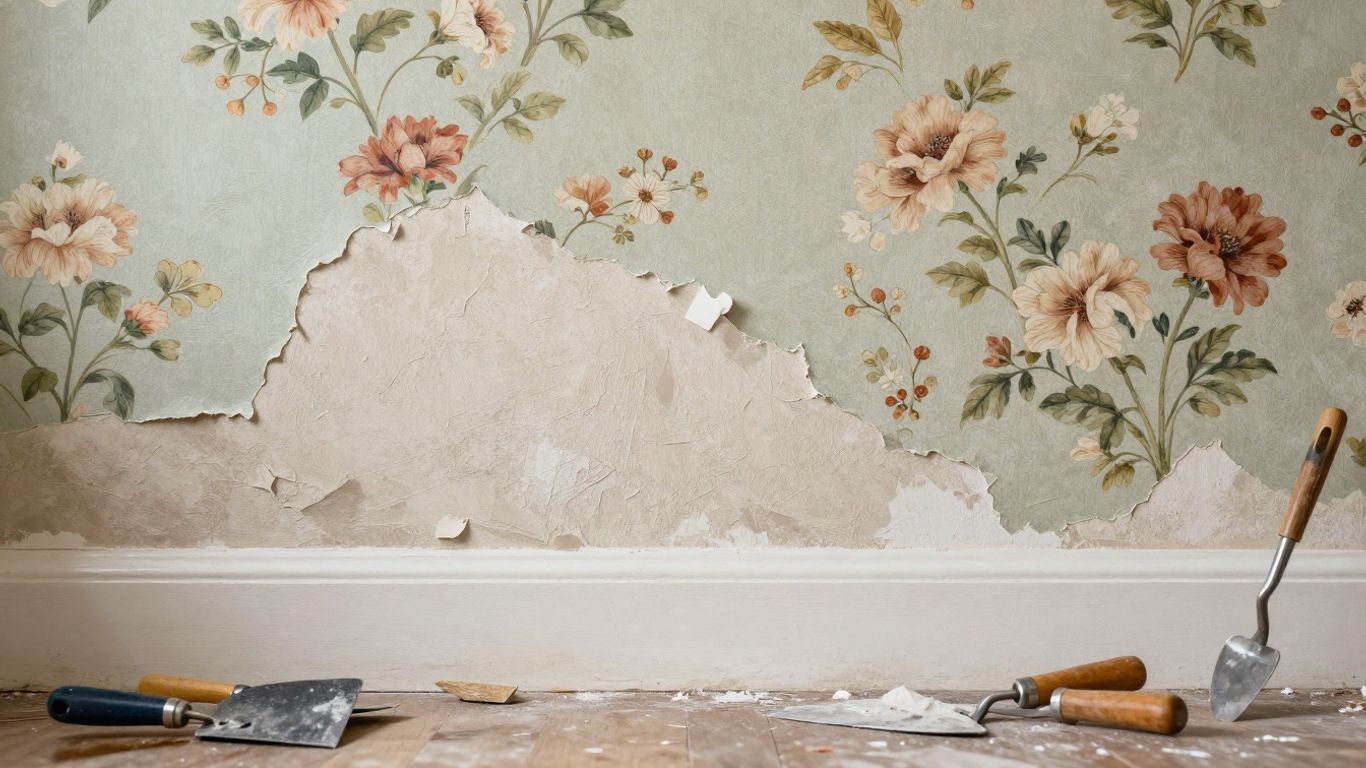 Wallpaper being removed to reveal plaster wall.