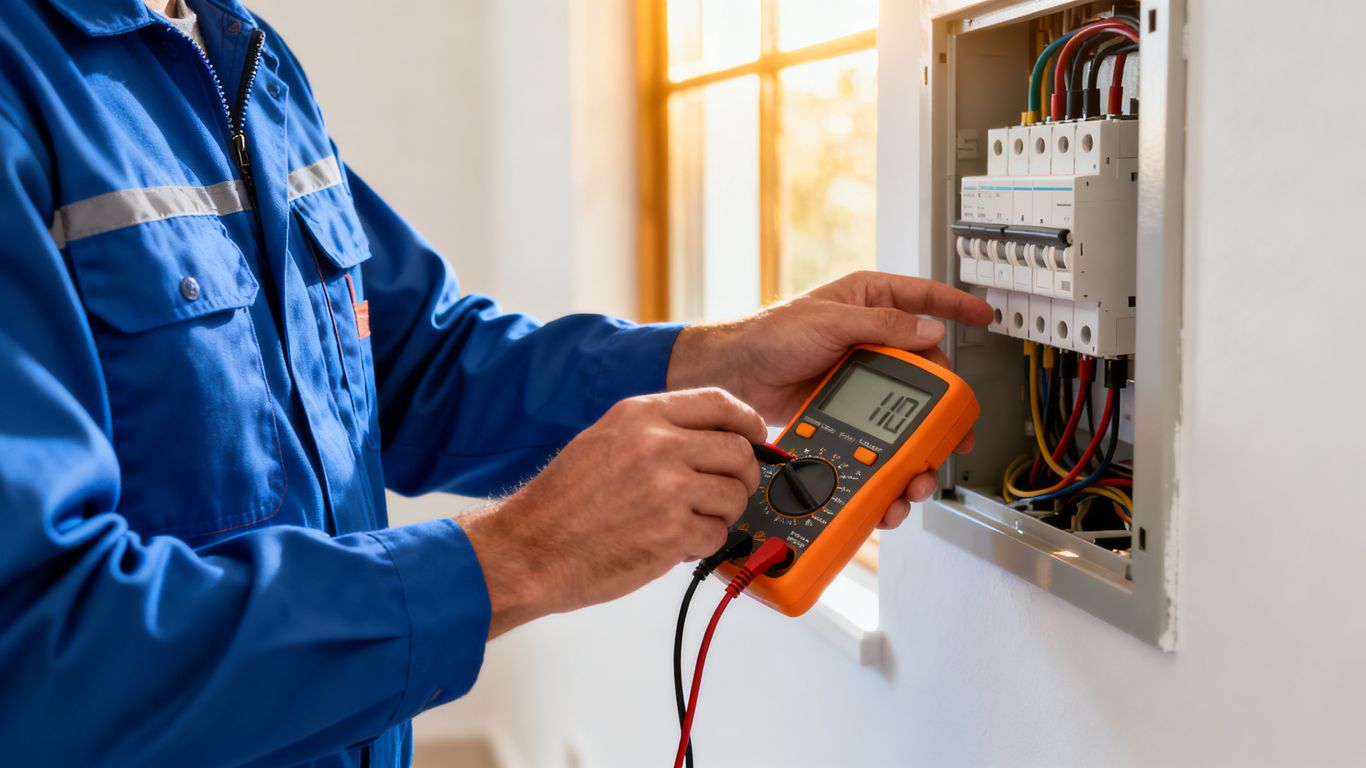 Professional electrician performing household panel repairs