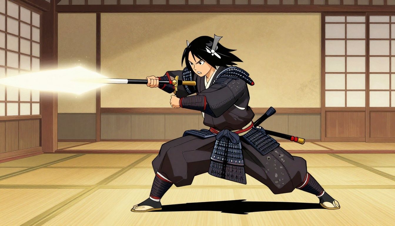Um samurai estilizado em combate frenético contra sombras em um cenário japonês épico