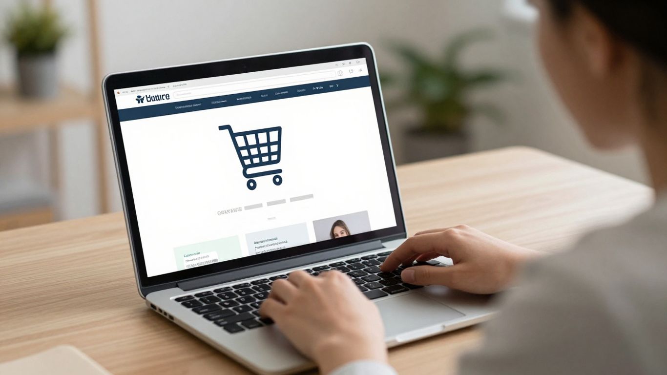 Person looking at laptop with shopping cart icon.