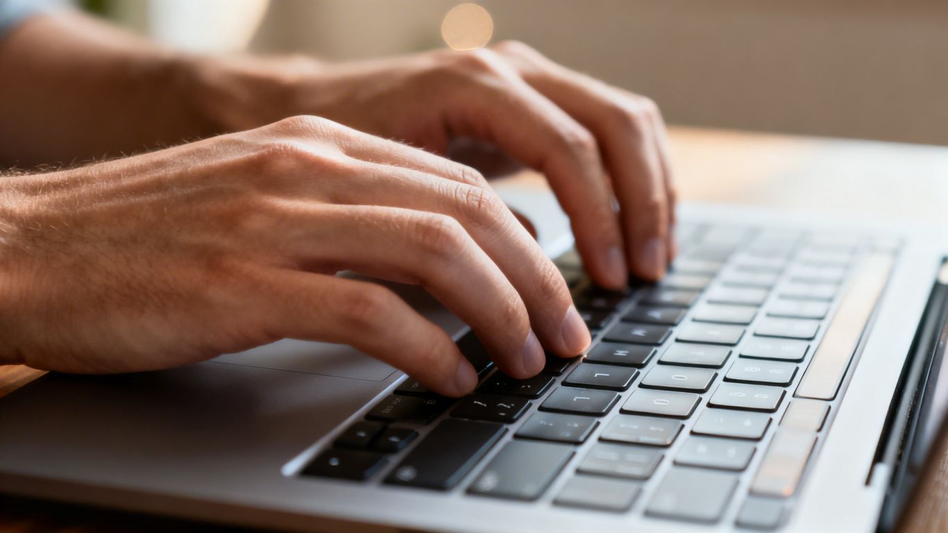 Hands typing on a laptop keyboard.