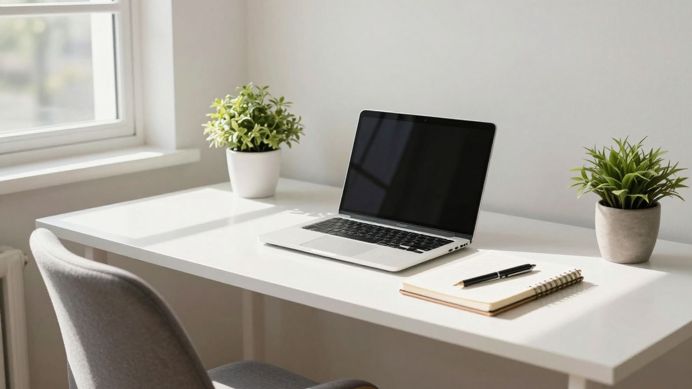 Home office setup with laptop and plant.