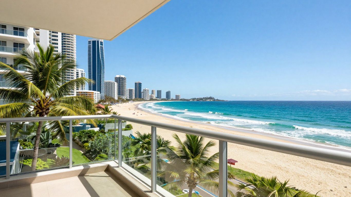 Broadbeach holiday rental balcony with ocean and beach view.