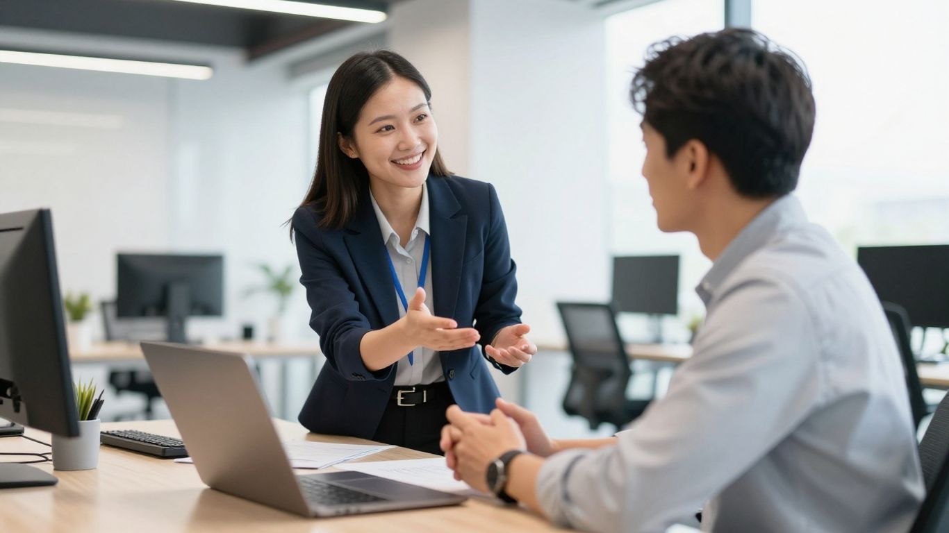 Sales professional closing a deal with technology.