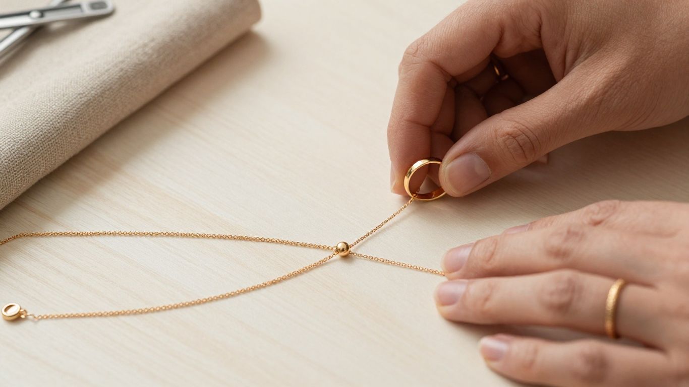 Measuring gold ring size beside delicate jewellery
