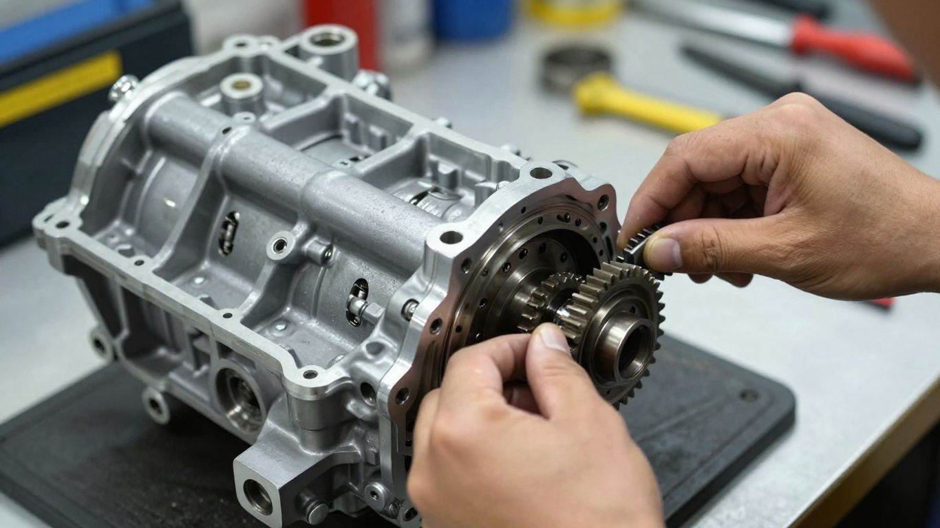 Rebuilt car transmission with professional mechanic assembly.