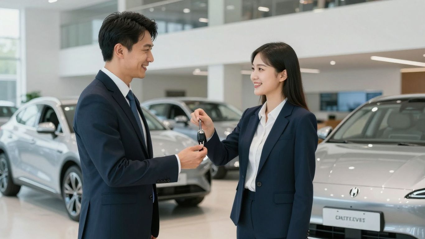 Auto broker giving car keys to happy customer.