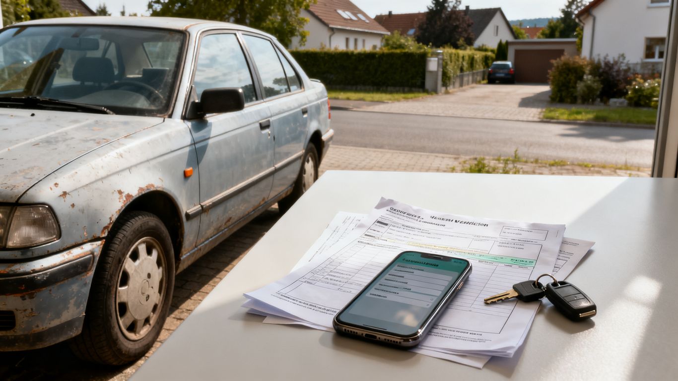 Fahrzeugunterlagen neben gebrauchtem Auto