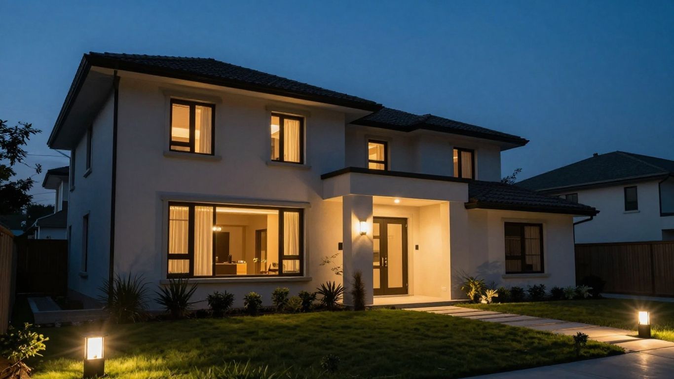 House exterior lit up at night with stylish outdoor lighting.