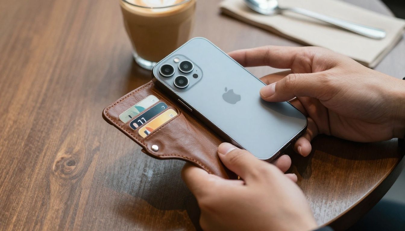 A person in a cafe paying for coffee using their iPhone 17 Air in a sleek leather wallet case, with cards visible in the slots.