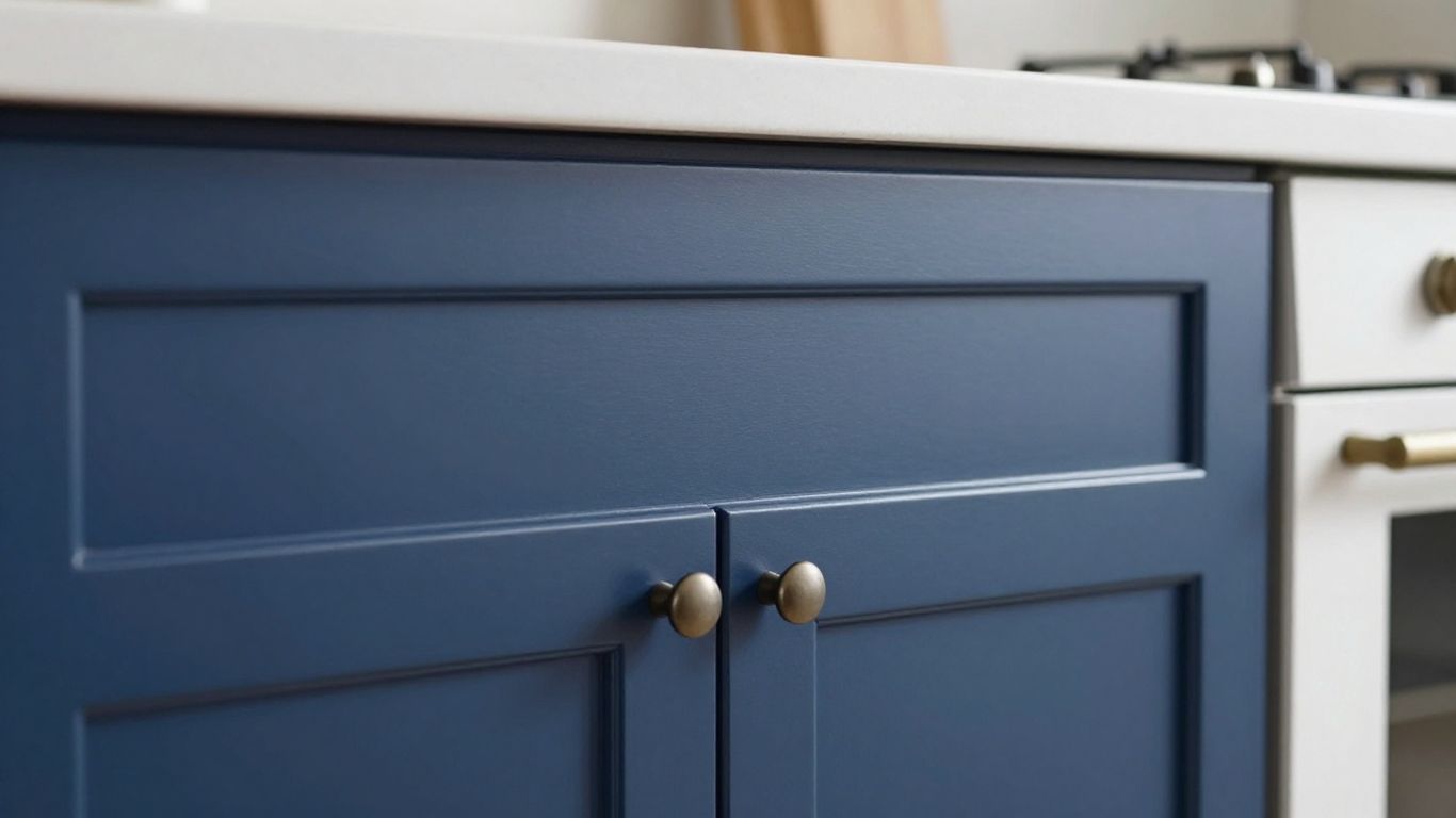 Newly painted navy blue kitchen cabinet, close-up shot.
