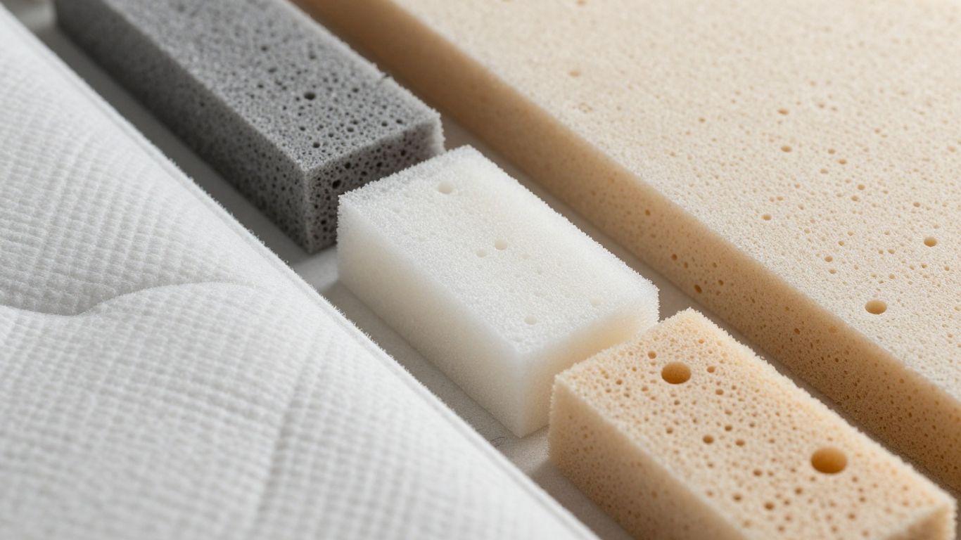 Foam mattress samples with varying textures and colors.