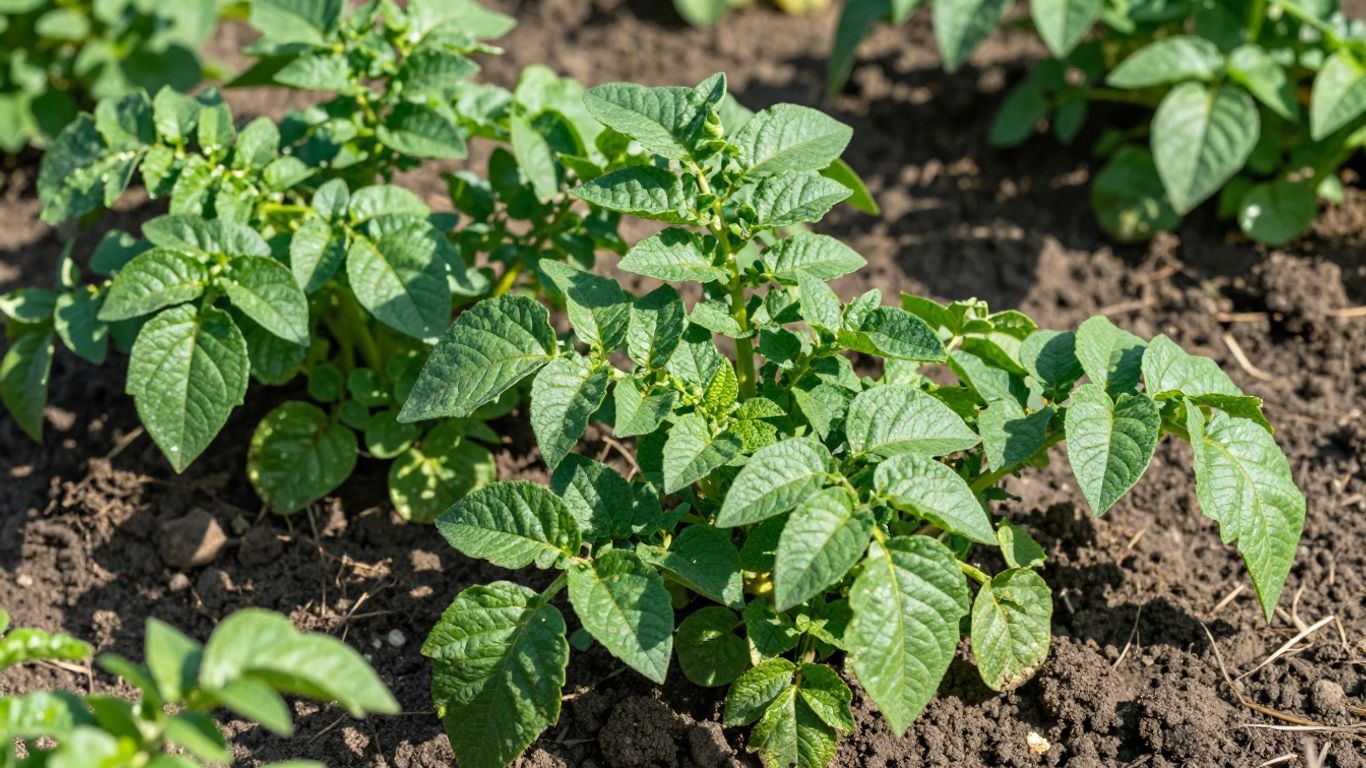 Gezonde biologische aardappelplanten in de volle grond.