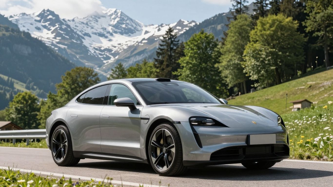 Elektroauto auf Schweizer Bergstraße mit schneebedeckten Gipfeln.