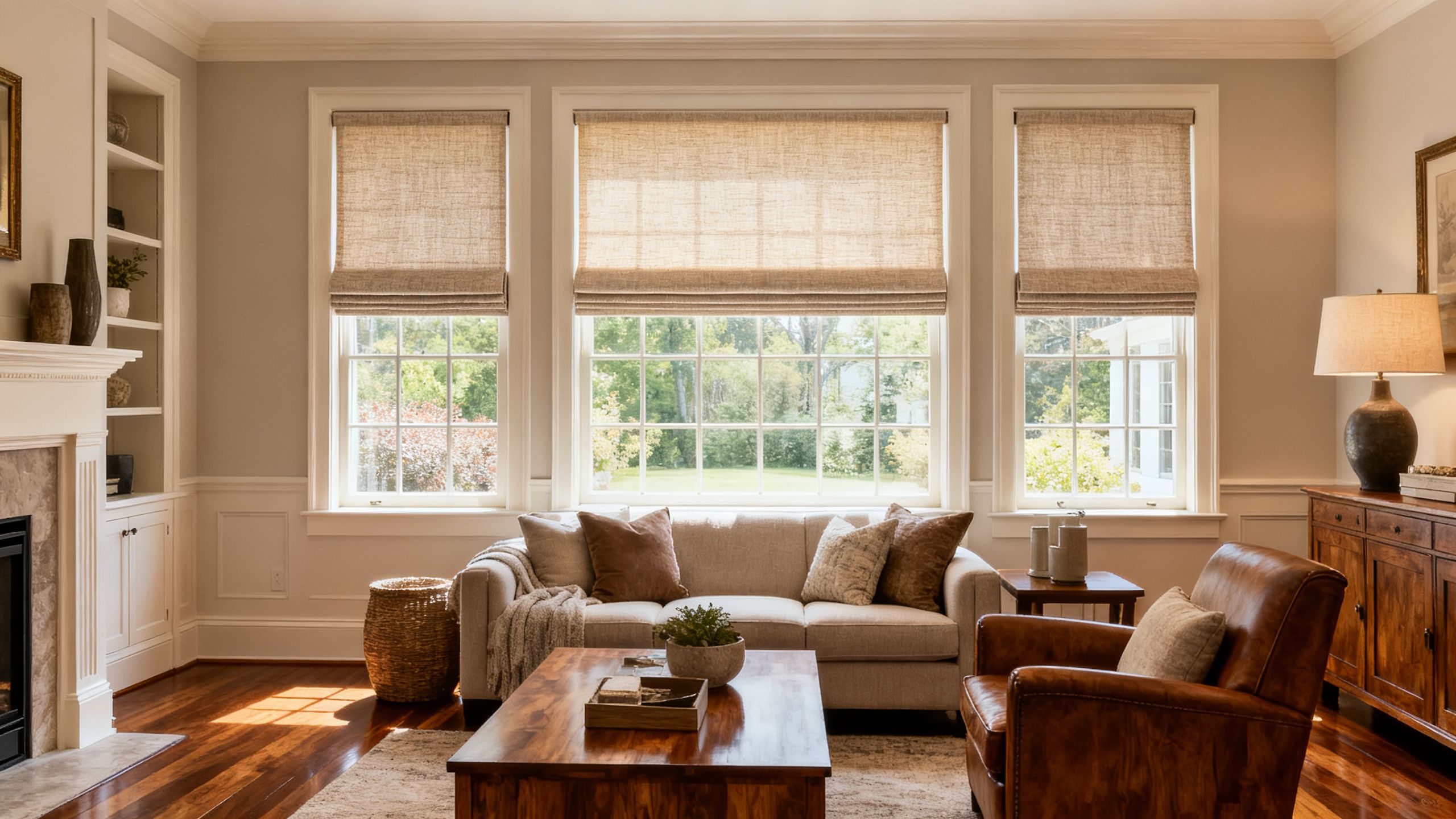 A beautiful North Jersey living room with custom window treatments, warm natural light, tailored shades, and an inviting designer finish