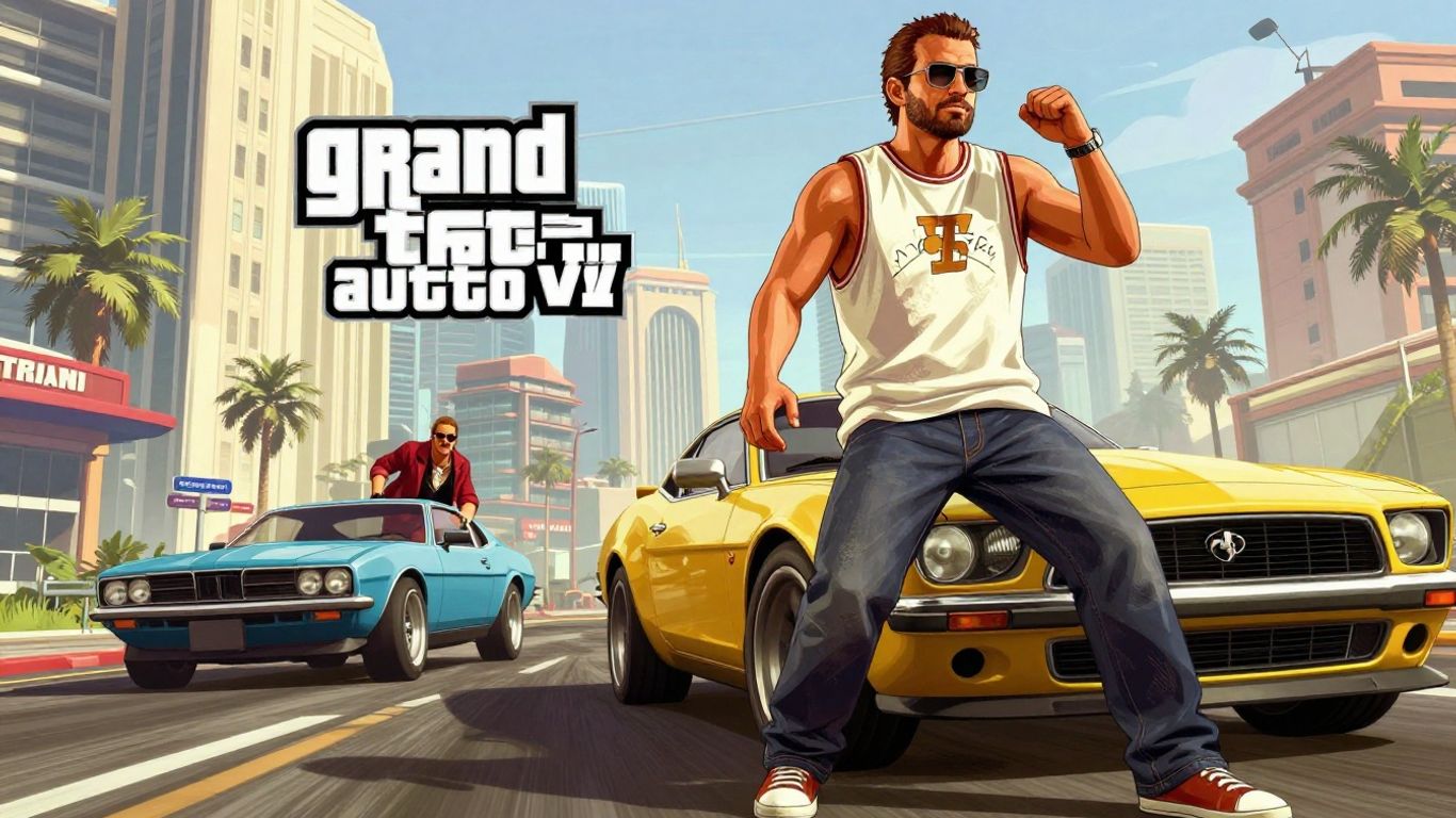 Grand Theft Auto VI game art with city and action.