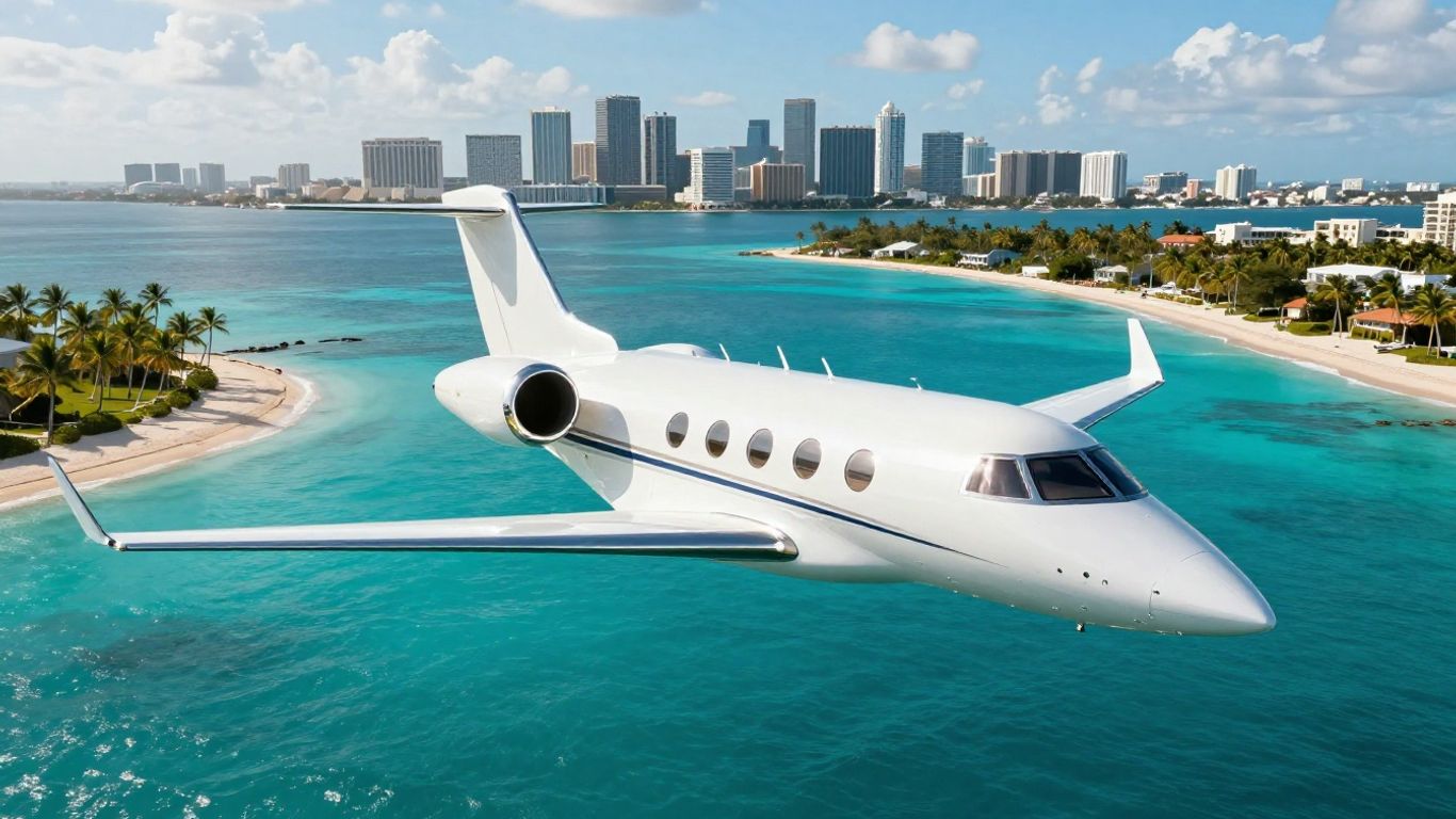 Private jet flying from Miami to the Bahamas.