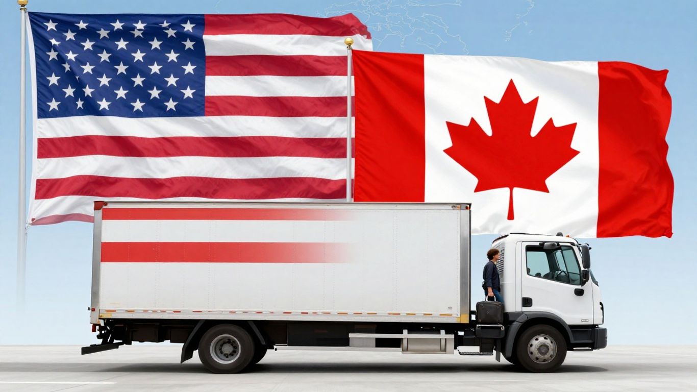 Moving truck between US and Canadian flags.