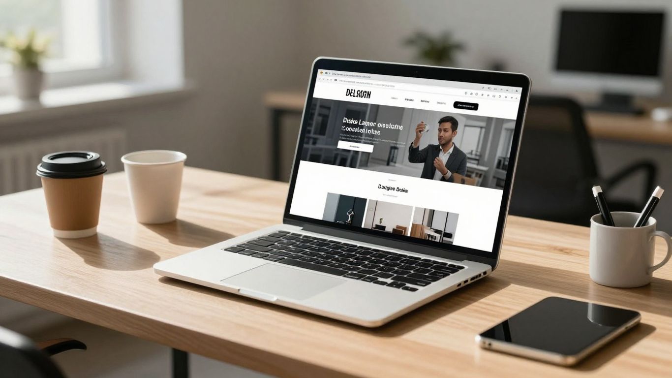 Website design cost guide with modern workspace.