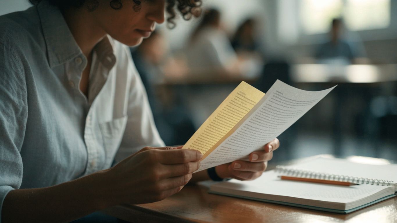 Teacher reviewing draft and final essay pages