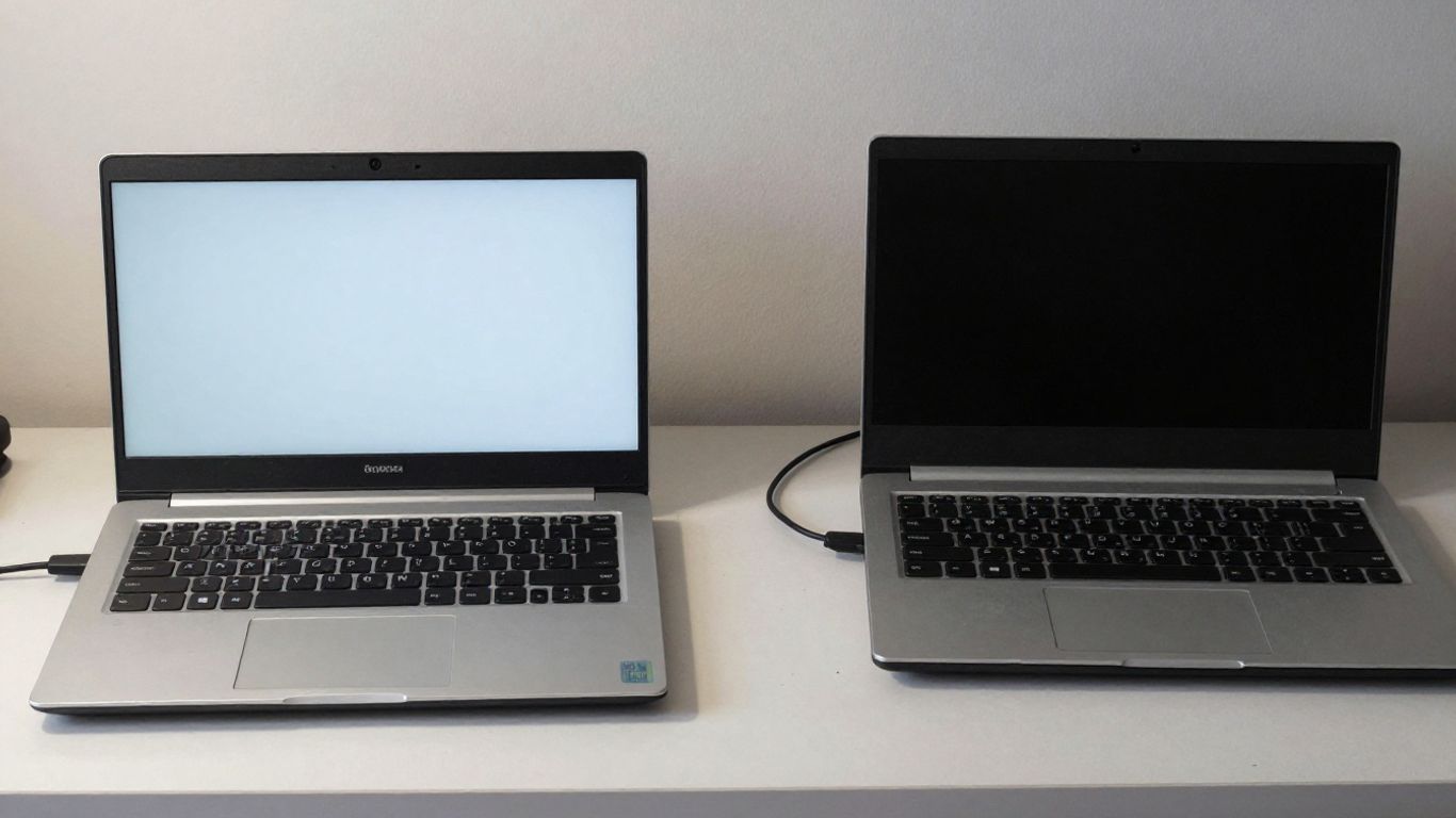 Refurbished versus used laptop comparison on a desk.