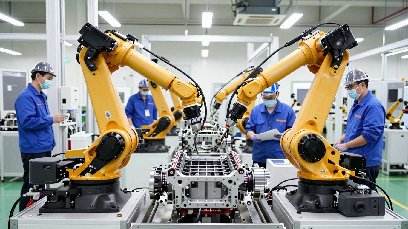 Workers inspecting components at a clean local manufacturing facility