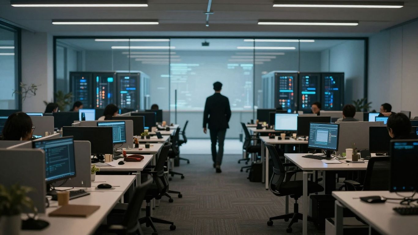 Tech office with empty desks and AI glow.