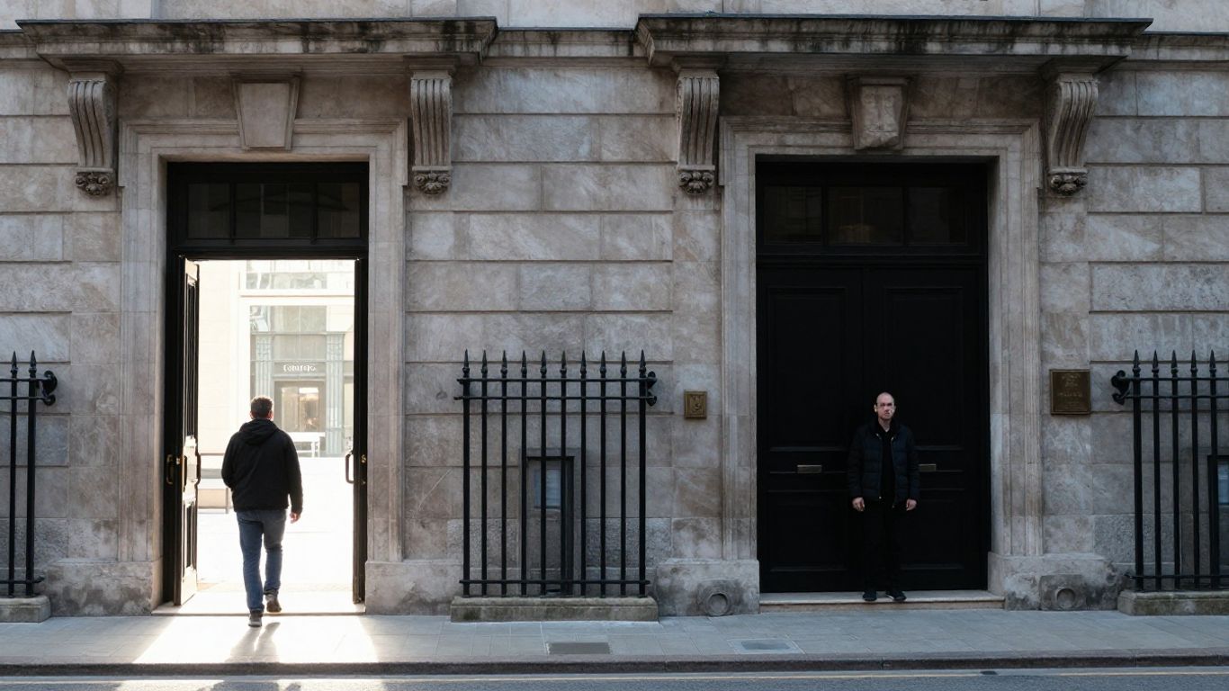 Puerta abierta y edificio oficial.