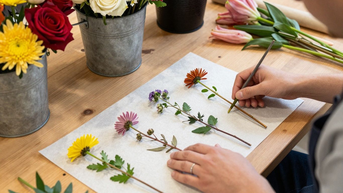 Florist arranging fresh seasonal stems on a worktable