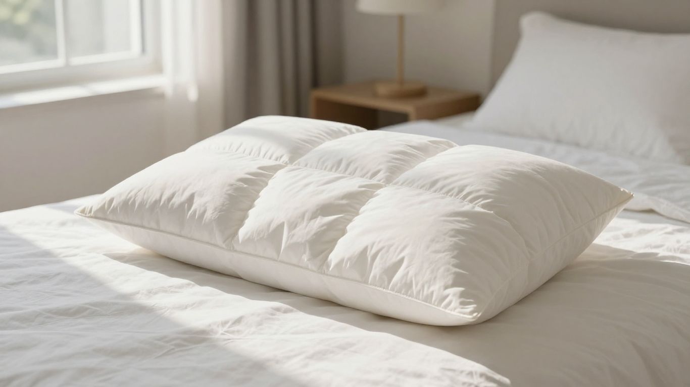 FluffCo down alternative pillow on a bed.