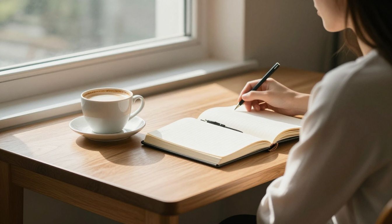 A person sitting at a wooden desk with an open journal and a cup of coffee, looking peacefully out a window as the morning light streams in.