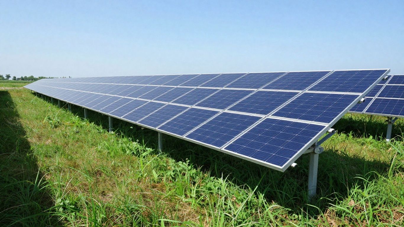 Painéis solares no solo em um campo verdejante.