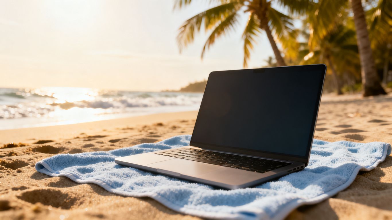 Summer beach with laptop, palm trees, and ocean waves.