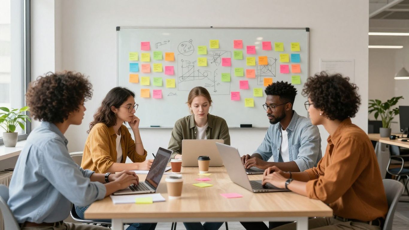 Ideation Management Software. Team brainstorming innovative ideas in a modern office.