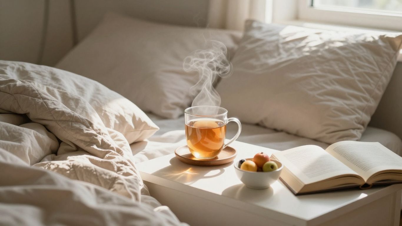 Cozy sick day scene with person resting in bed.