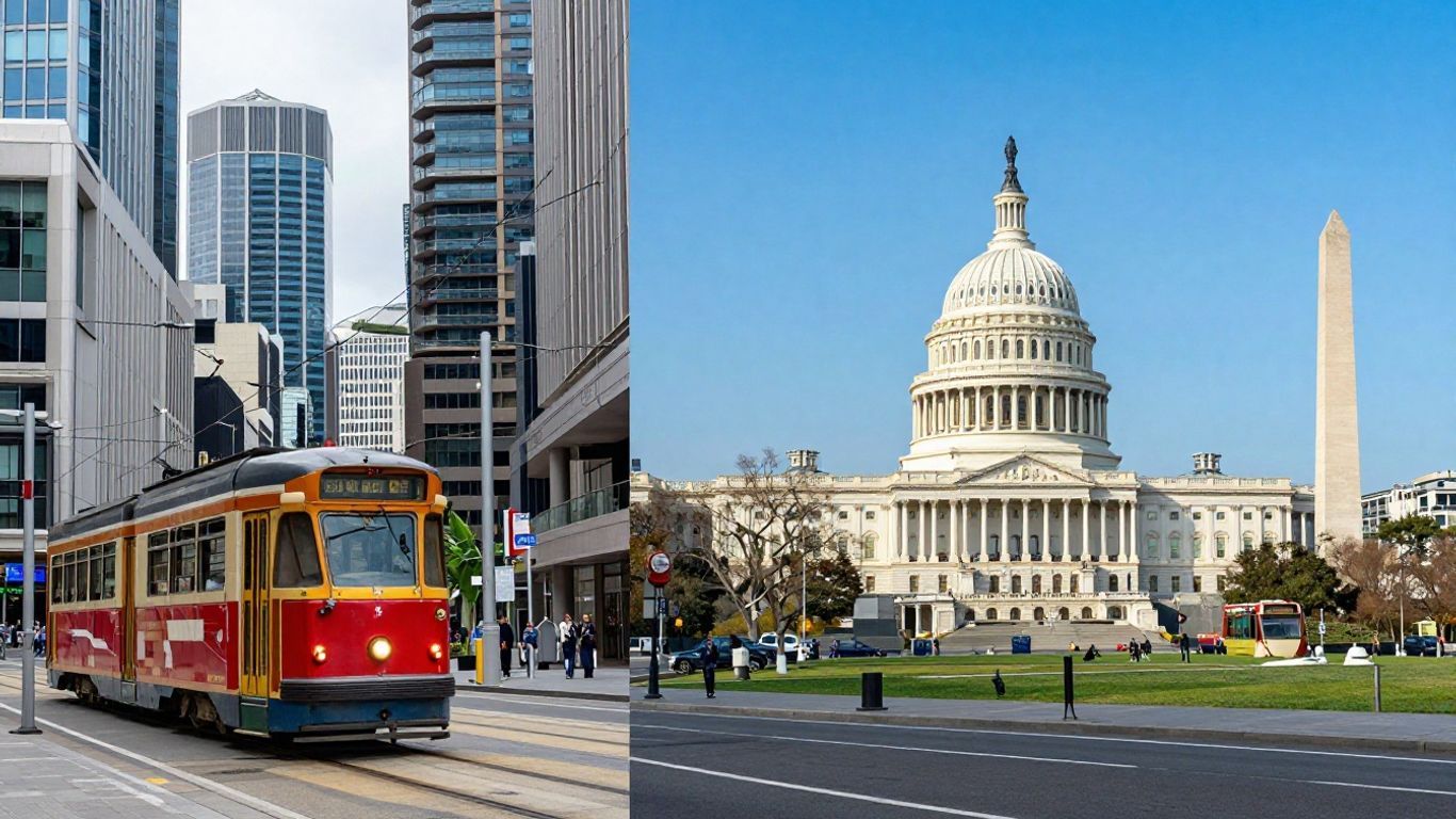 Melbourne and Washington DC cityscapes side-by-side.