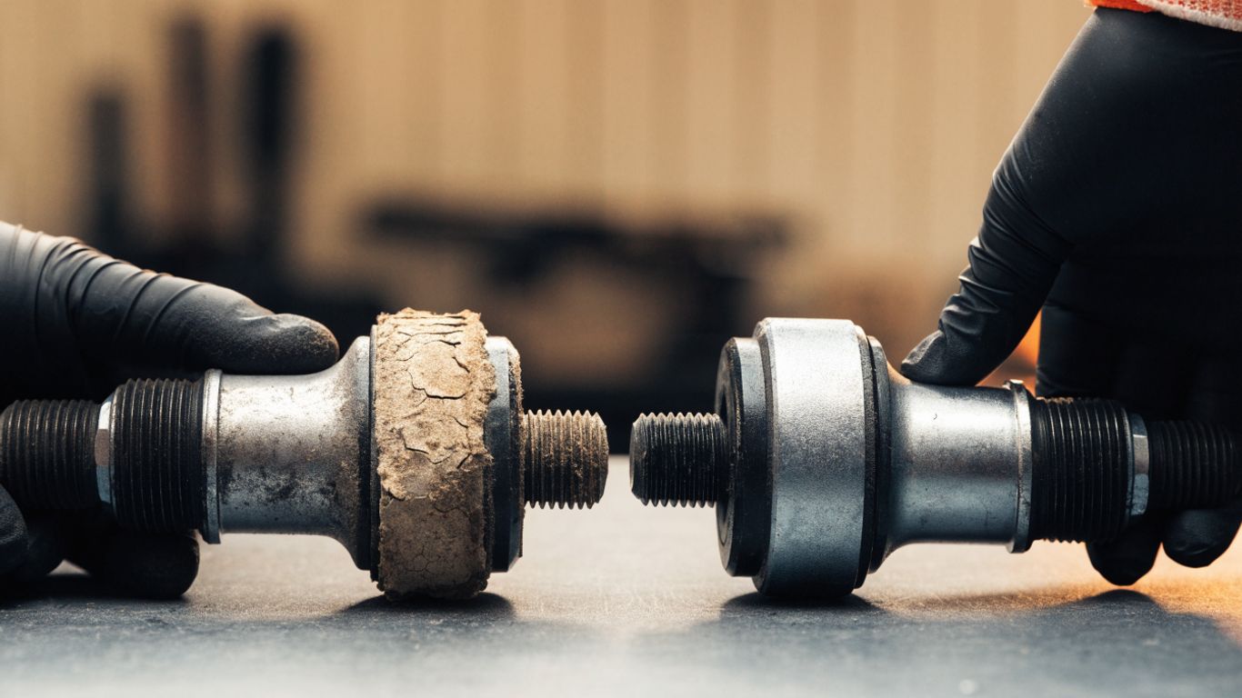 Used and new suspension parts arranged for comparison