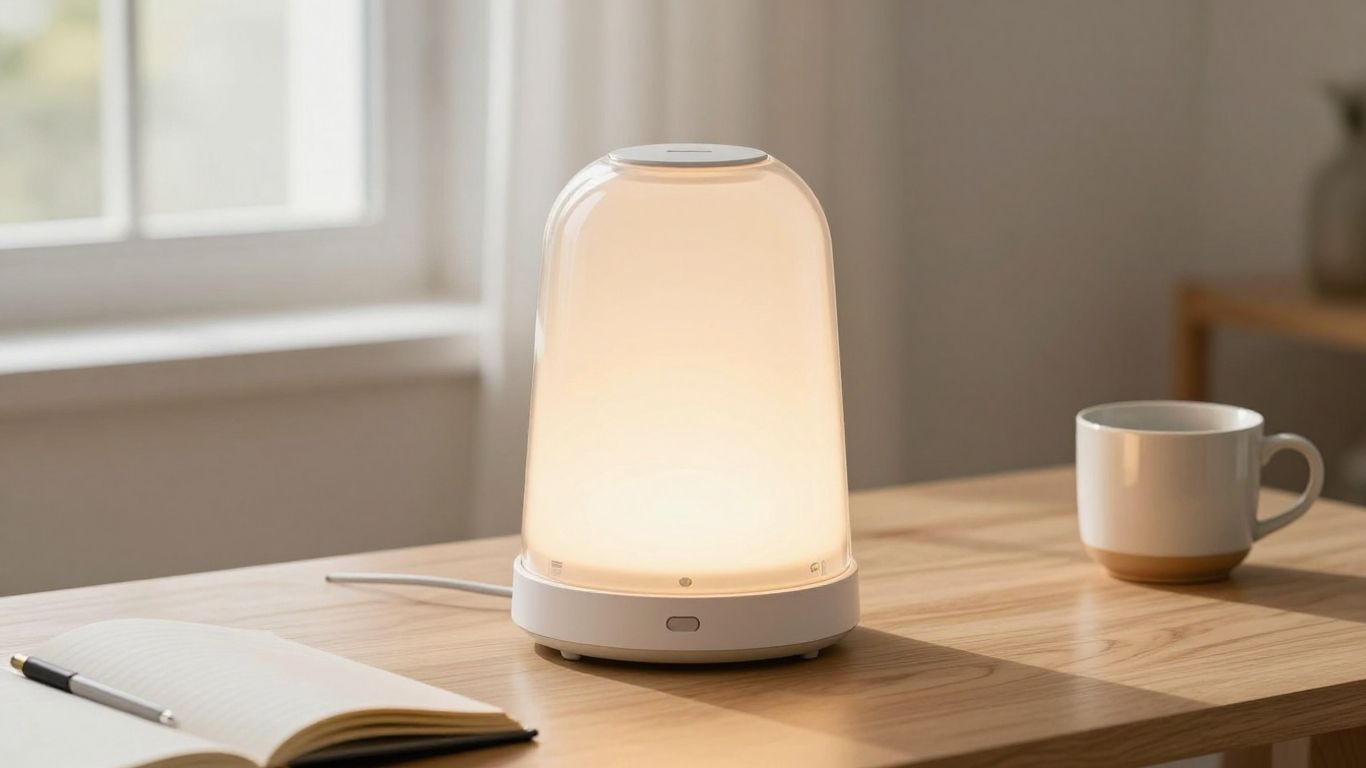 Tageslichtlampe auf hellem Schreibtisch neben Notizbuch